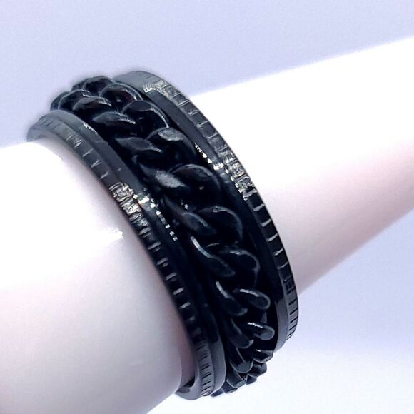 Black Stainless Steel Anxiety Fidget Spinner Ring Unisex Band Curb Chain Inlay - Picture 4 of 5